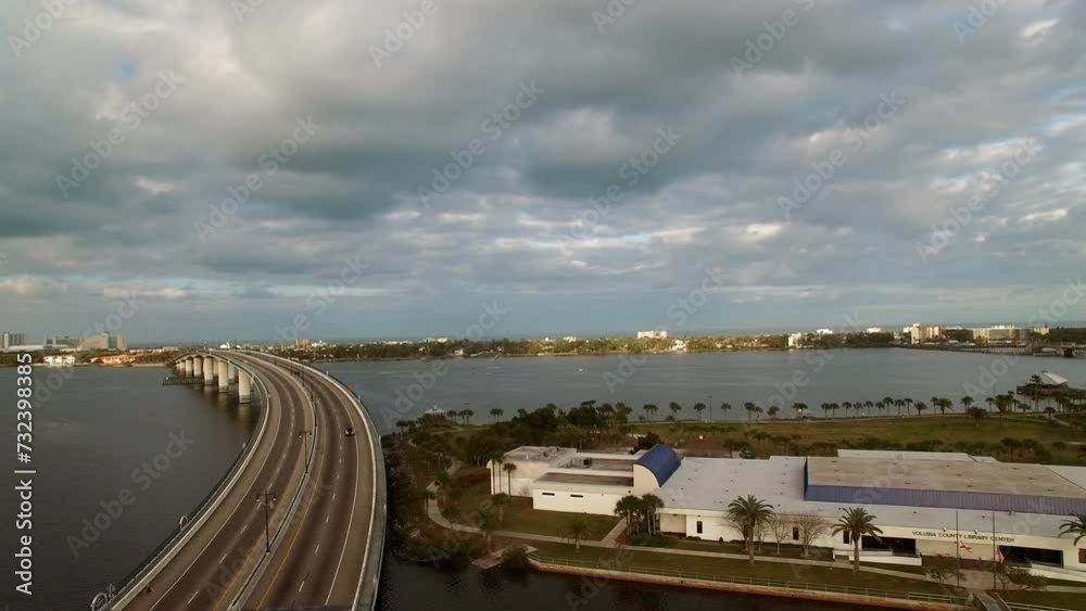 Aerial Backward Beautiful View Of Broadway Bridge Over Halifax River - Daytona Beach , Florida Aerial Backward Beautiful View Of Broadway Bridge Over Halifax River - Daytona Beach , Florida