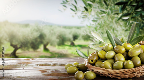 green olives in a wicker basket on a wooden table against the background of an olive plantation  copy space