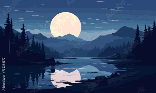 lake and moon vector illustration