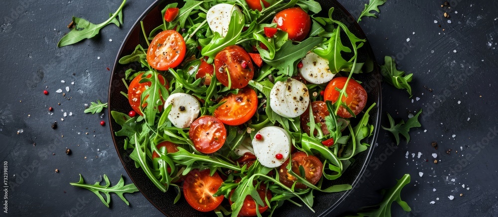 A delicious salad made with fresh ingredients like tomatoes, mozzarella, and arugula. Served in a bowl on a table with natural foods and plant-based ingredients.