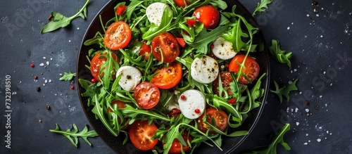 A delicious salad made with fresh ingredients like tomatoes, mozzarella, and arugula. Served in a bowl on a table with natural foods and plant-based ingredients.