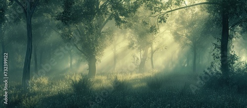 Clouds hovering over a foggy forest, allowing rays of sunlight to filter through the trees, creating a serene natural landscape.