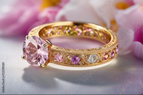 Gold ring with flower petalson marble top