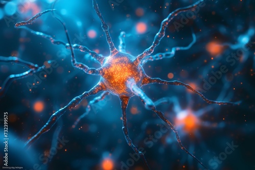 Neuron cells system - 3D rendered image of Neuron cell network. photo
