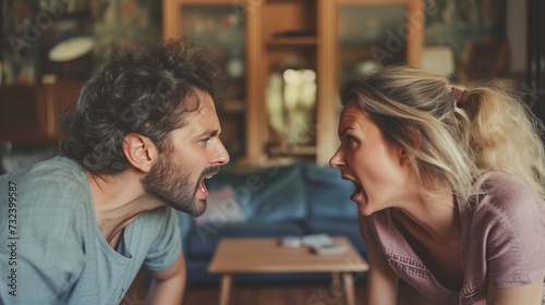 Domestic quarrels and abuse. Man and woman fighting and shouting at each other.