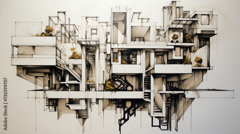 Abstract Architectural Drawing with Floating Elements