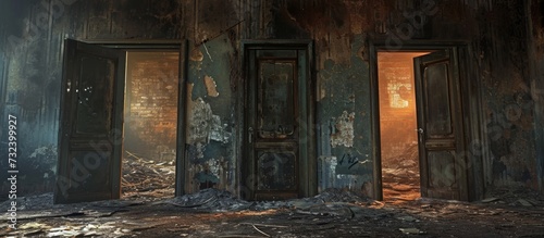In an art gallery, a building facade showcases three wooden doors engulfed in fiery flames. photo