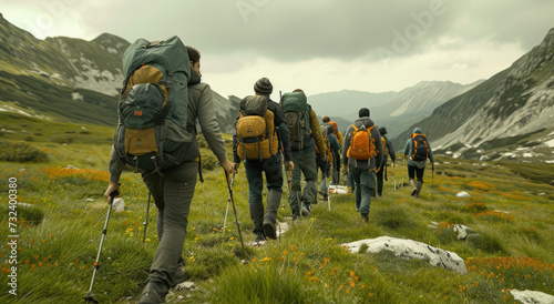 young people walking in the mountains on a hiking trail