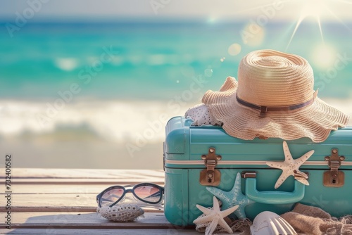 An open suitcase with things on vacation. The concept of travel time