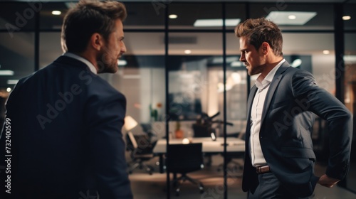 Two Businessmen Facing Each Other in Office Setting