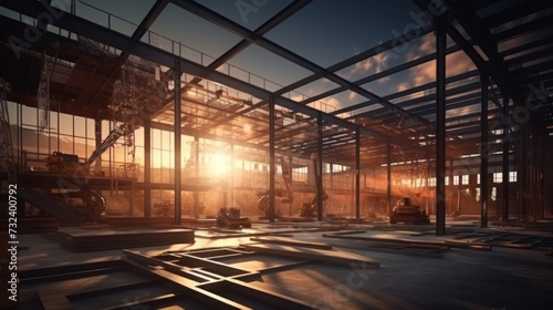 Sunset Through the Steel Framework of a Building Under Construction