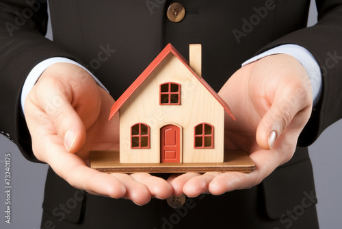 Real Estate Agent Holding Wooden House Model