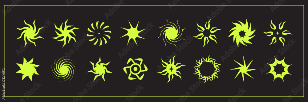Retro futuristic elements for design. Objects in y2k style. Vector illustration, isolated dark background. Abstract set of frames for a poster, banner, business card, sticker.