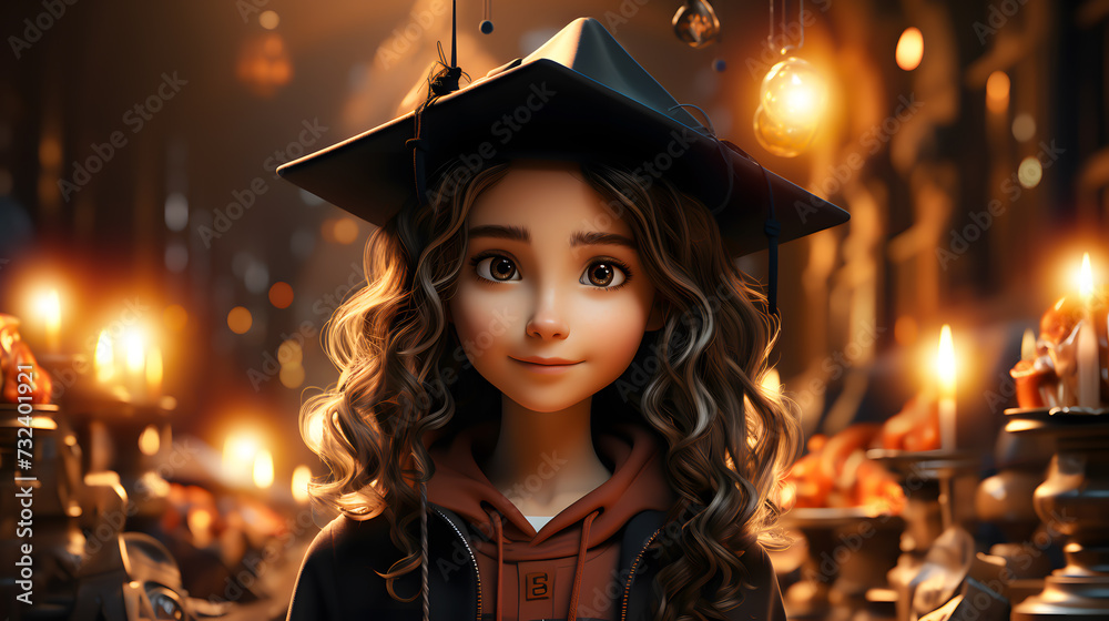 Adorable happy little girl wearing a beautiful graduation cap surrounded by vases, candlelights, and colorful light bulbs in the background with copy space. Adorable happy little girl wearing a beautiful graduation cap surrounded by vases, candlelights, and colorful light bulbs in the background with copy space.