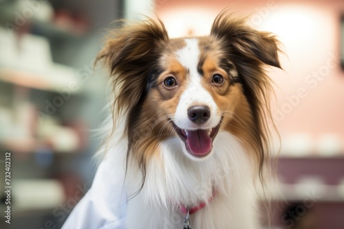 A smiling, attentive Border Collie wearing a collar at the vet's office.
