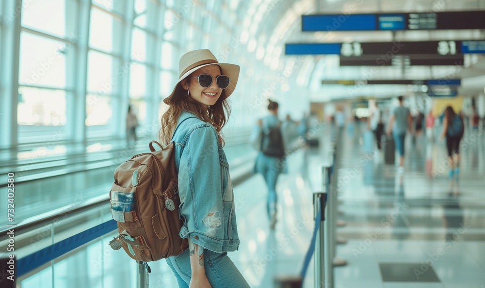 A happy young woman with a backpack and a beach hat at the airport goes on a trip. Horizontal photo, bokeh effect, blurred background.
