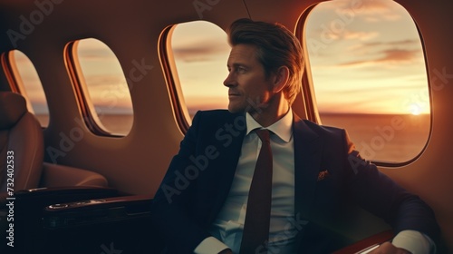 Businessman Enjoying Sunset View from Private Jet