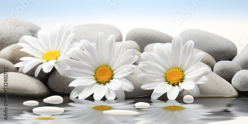 Stones treatment scene like concept whiten daisy blooming outdoors white background