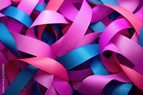 A close up view of a bunch of pink and blue ribbons. Perfect for adding a pop of color to any project or event photo
