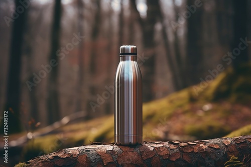 A water bottle is placed on a log in the serene woods. This image can be used to depict outdoor activities, hiking, camping, or eco-friendly lifestyle