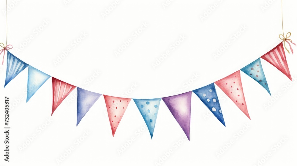 Fototapeta premium A watercolor drawing of a bunting of flags. This versatile image can be used for various occasions and celebrations