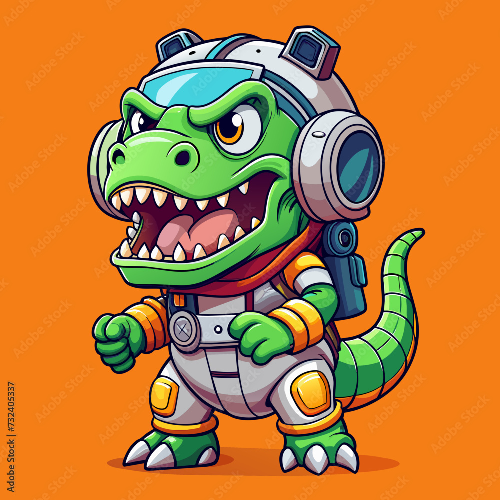 Fototapeta premium T-rex Angry , cute, style , Big eye , Full Human Body , art 90 style , space suit, headset