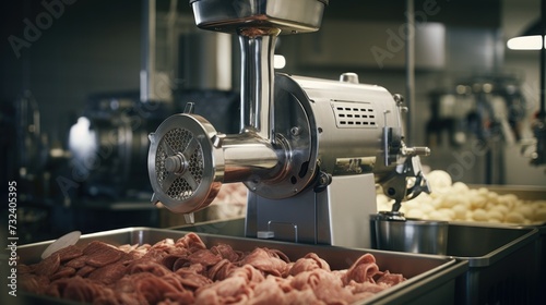 A meat grinder in a kitchen filled with fresh meat. Ideal for food preparation and cooking projects photo