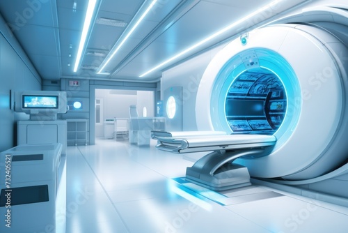 A hospital room featuring an MRI machine. This image can be used to illustrate medical diagnostics and technology in healthcare settings