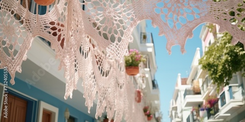 A row of white crocheted doilies hanging gracefully from a building. Perfect for adding a touch of vintage charm to any space