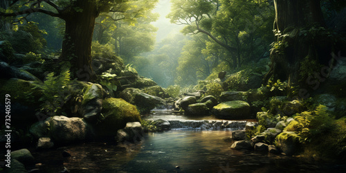 Green forest beautiful nature stream naturelake scene with sun shining through trees stream background © Ishia