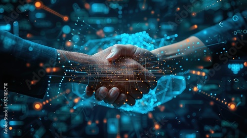 Two hands in a handshake overlaid with a dynamic digital network pattern, symbolizing connectivity and futuristic agreements.