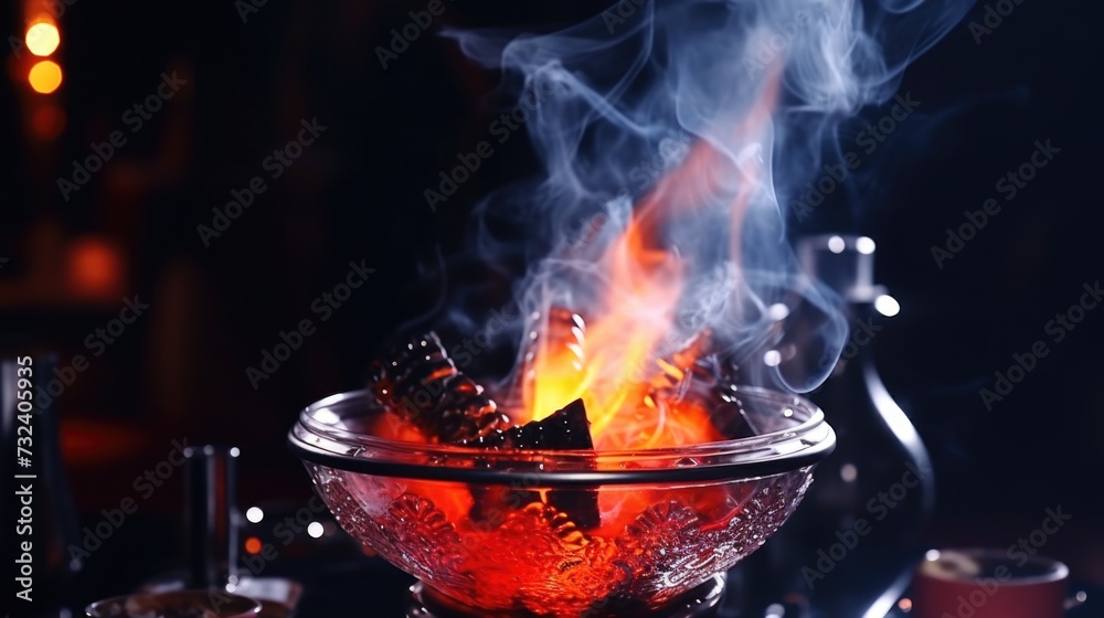 A bowl filled with hot coal emitting smoke. Perfect for illustrating concepts related to fire, heat, and burning materials.