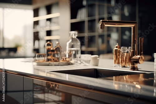 A kitchen counter featuring a sink with a stylish copper faucet. Ideal for showcasing modern kitchen designs and home improvement projects