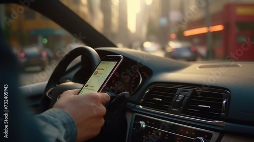A person is seen using a cell phone while driving a car. This image can be used to highlight the dangers of distracted driving