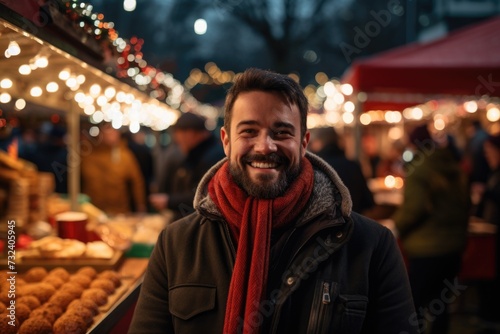 A man standing in front of a display of food. Perfect for food advertising and culinary promotions © Fotograf
