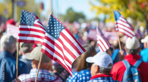 American flags on a blurred background crowd of happy multiethnic people.