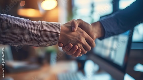 Close-up of two businessmen shaking hands firmly in an office, a gesture that signifies the finalization of an agreement or partnership. photo