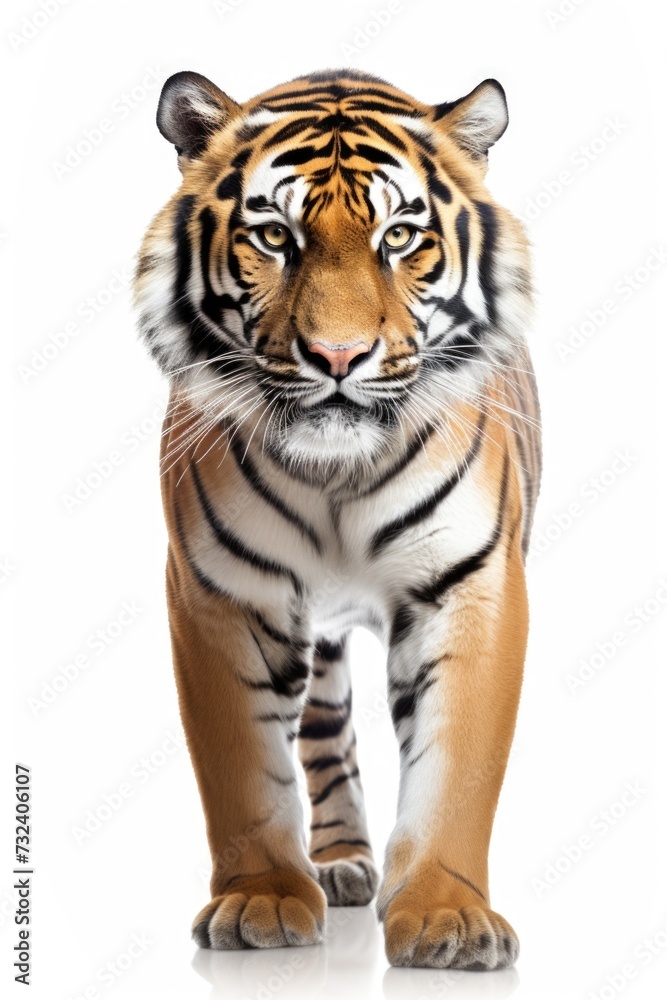 A tiger standing in front of a plain white background. This image can be used for various purposes