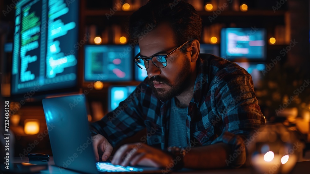 A male developer in glasses intently codes on a laptop, surrounded by glowing screens in a dimly lit workspace. A male developer in glasses intently codes on a laptop, surrounded by glowing screens in a dimly lit workspace.
