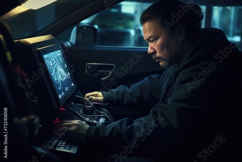 A man sitting in a car and using a laptop computer. Suitable for illustrating remote work, on-the-go productivity, and technology in the automotive industry