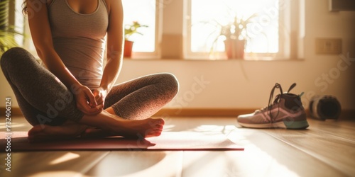Woman sitting on a yoga mat next to a pair of shoes. Suitable for fitness, wellness, and healthy lifestyle concepts