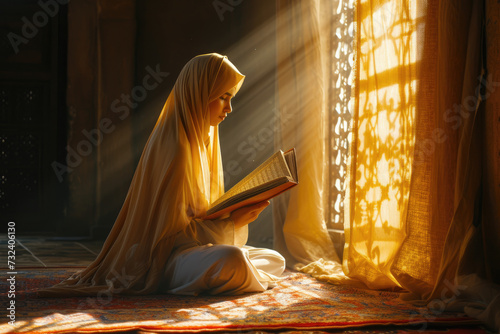 Devout Muslim woman reading Quran by morning light photo