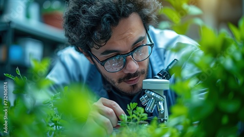 A focused scientist with glasses meticulously analyzes plant samples using a microscope in a botanical research laboratory setting.