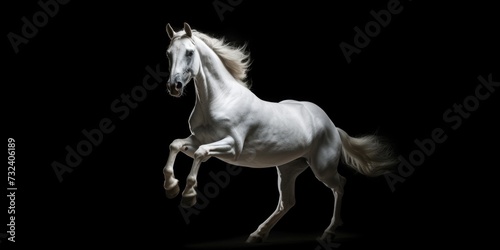 A white horse is captured galloping in the dark. This image can be used to depict strength, freedom, and the beauty of nature