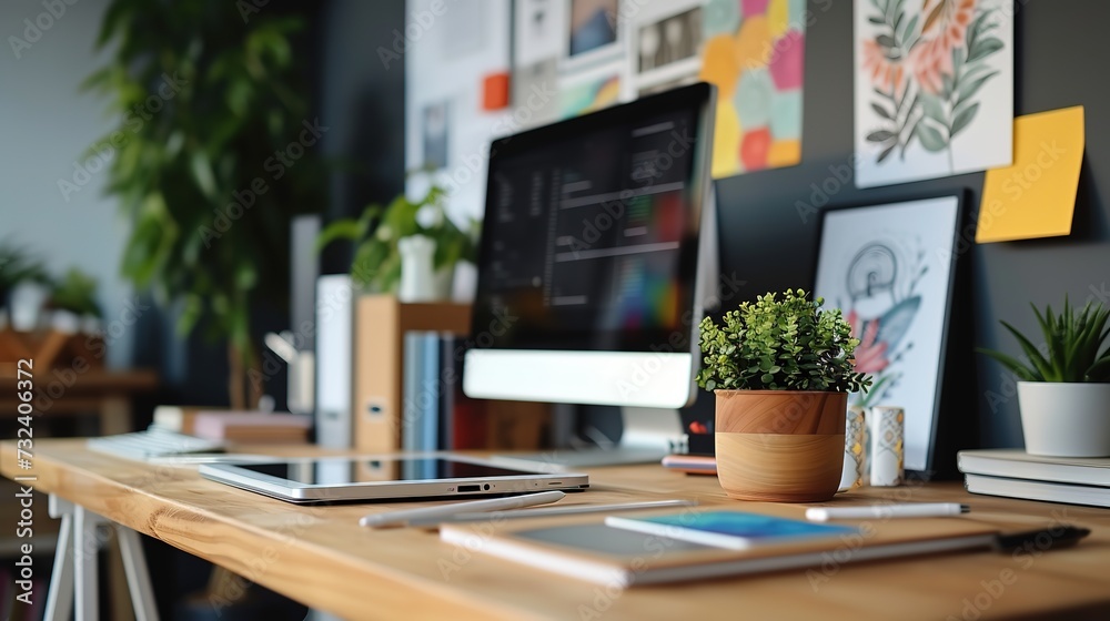 A modern and minimalist designer's desk setup with the latest tech gadgets, surrounded by green plants and inspirational wall art. A modern and minimalist designer's desk setup with the latest tech gadgets, surrounded by green plants and inspirational wall art.
