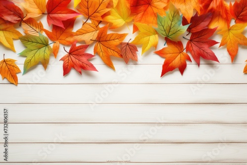 Colorful autumn leaves arranged on a white wood background. Perfect for autumn-themed designs and projects