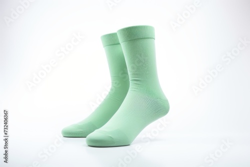 A pair of green socks on a white background. Suitable for fashion or clothing-related designs