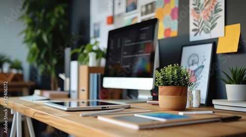 A modern and minimalist designer's desk setup with the latest tech gadgets, surrounded by green plants and inspirational wall art.