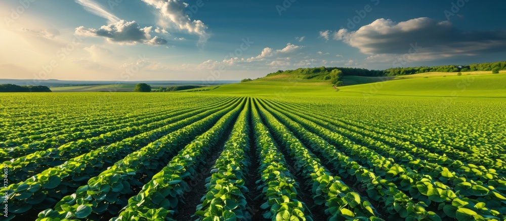 A picturesque landscape with rows of green plants under a cloudy sky, blending nature, agriculture, and people in harmony. A picturesque landscape with rows of green plants under a cloudy sky, blending nature, agriculture, and people in harmony.
