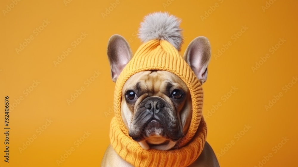 A picture of a dog wearing a yellow hat and scarf. This image can be used for various purposes